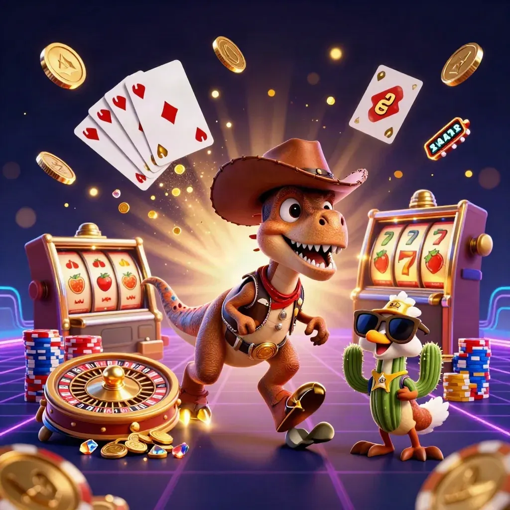 Cowboy T-Rex, cactus sidekick, and roadrunner amid casino coins, gems, chips, and neon gold glow
