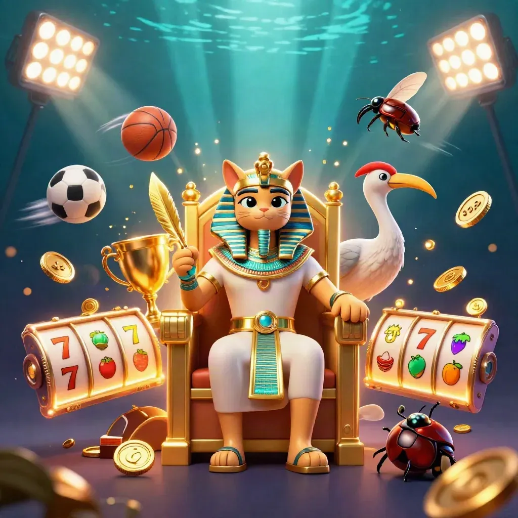Pharaoh cat, ibis scribe, and jeweled scarabs amid sports balls, coins, trophy, and glowing casino effects.