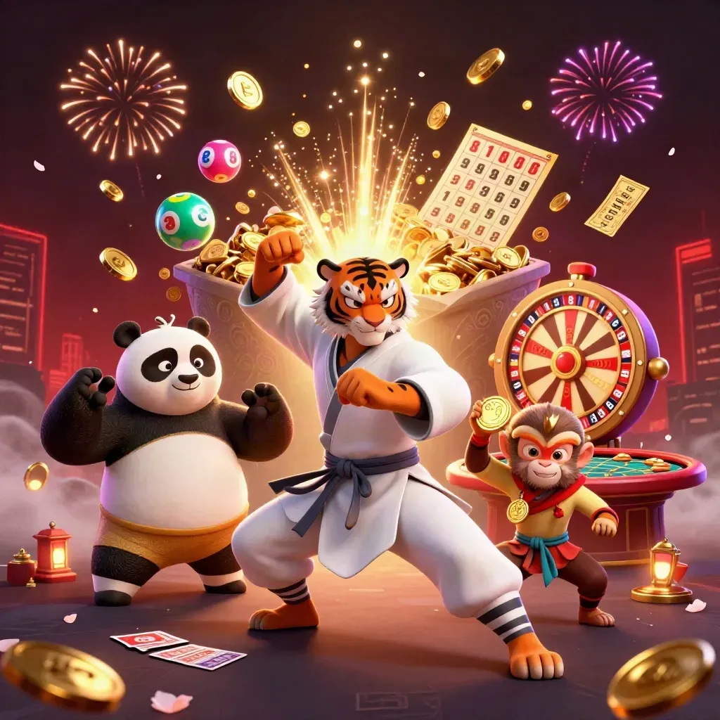 Tiger, panda, and monkey in a casino-style celebration with coins, fireworks, and games